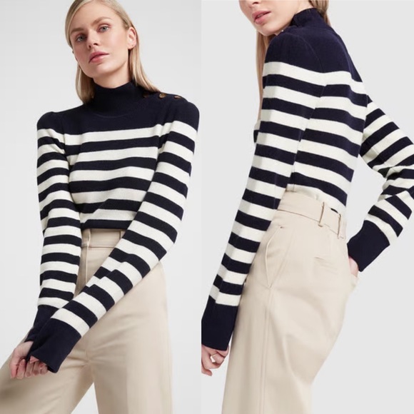 Goop G. LABEL Mindy Cashmere Wool Striped Turtleneck Sweater in Navy Cream - Picture 7 of 17